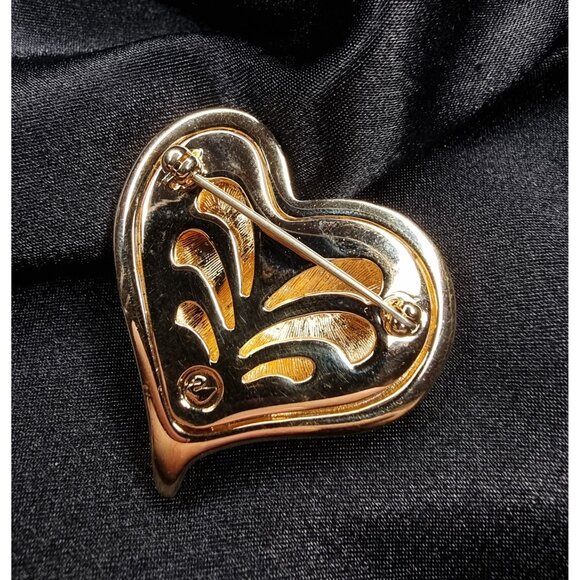 Vintage 1990s Swarovski Crystal Double Heart Brooch Gold-Tone Pin - Picture 6 of 6